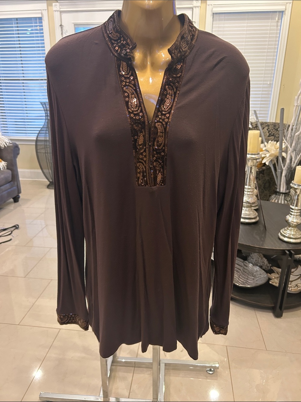 Talbots Brown Embellished V-Neck Long-Sleeve Tunic